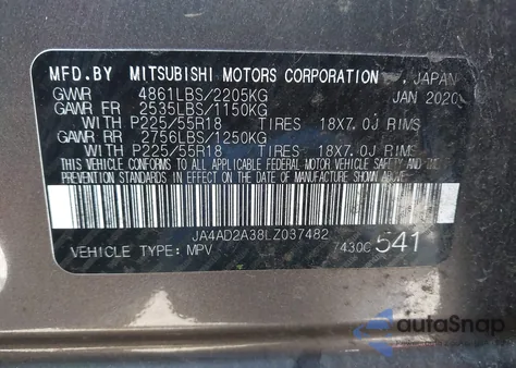 2020 Mitsubishi Outlander Es 2.4 z USA, uszkodzony, nr VIN JA4AD2A38LZ037482